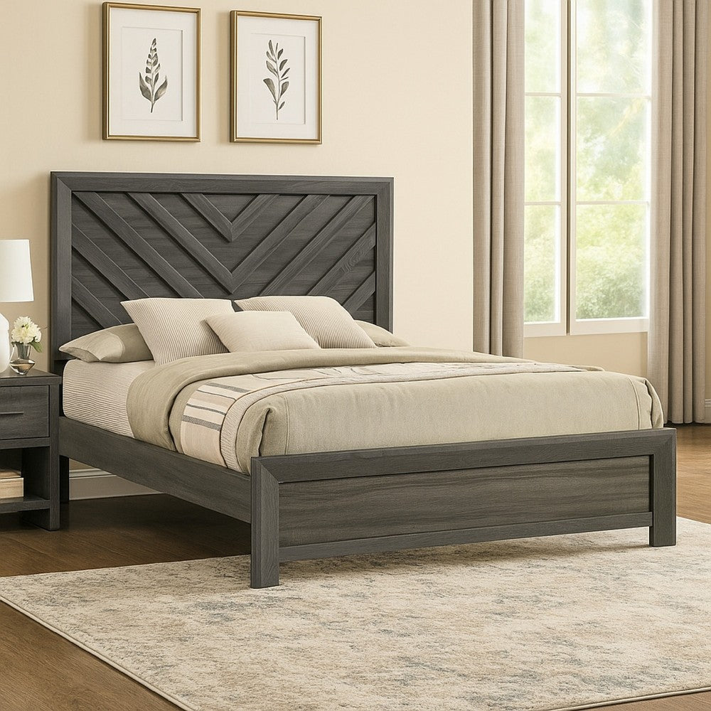 Velz Twin Size Bed w Chevron Patterned Headboard | Dark Gray Wood