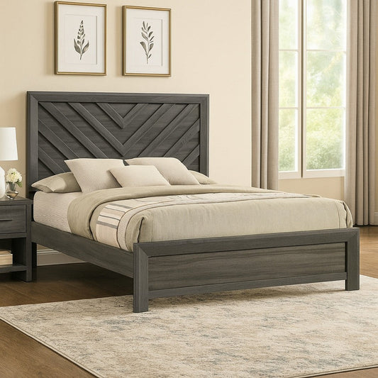 Velz Twin Size Bed w Chevron Patterned Headboard | Dark Gray Wood