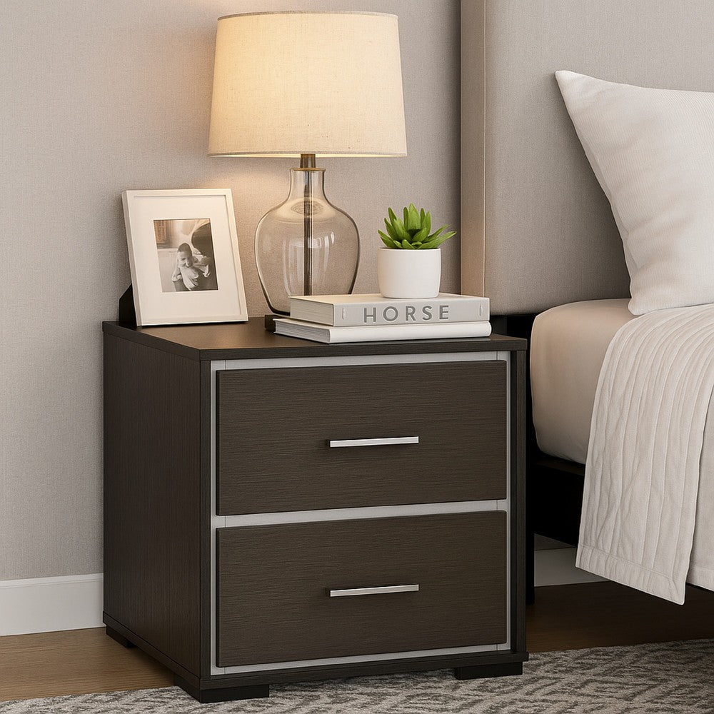 Hez Nightstand | 2 Drawers | Silver Trim | Modern Dark Brown Finish