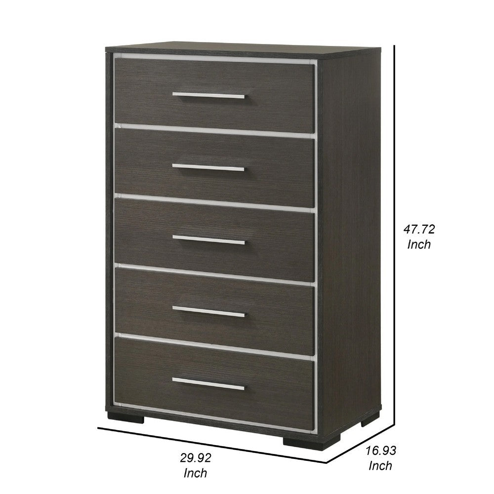 Hez Tall Dresser Chest | 5 Drawers | Silver Trim | Modern Dark Brown Finish BM338489