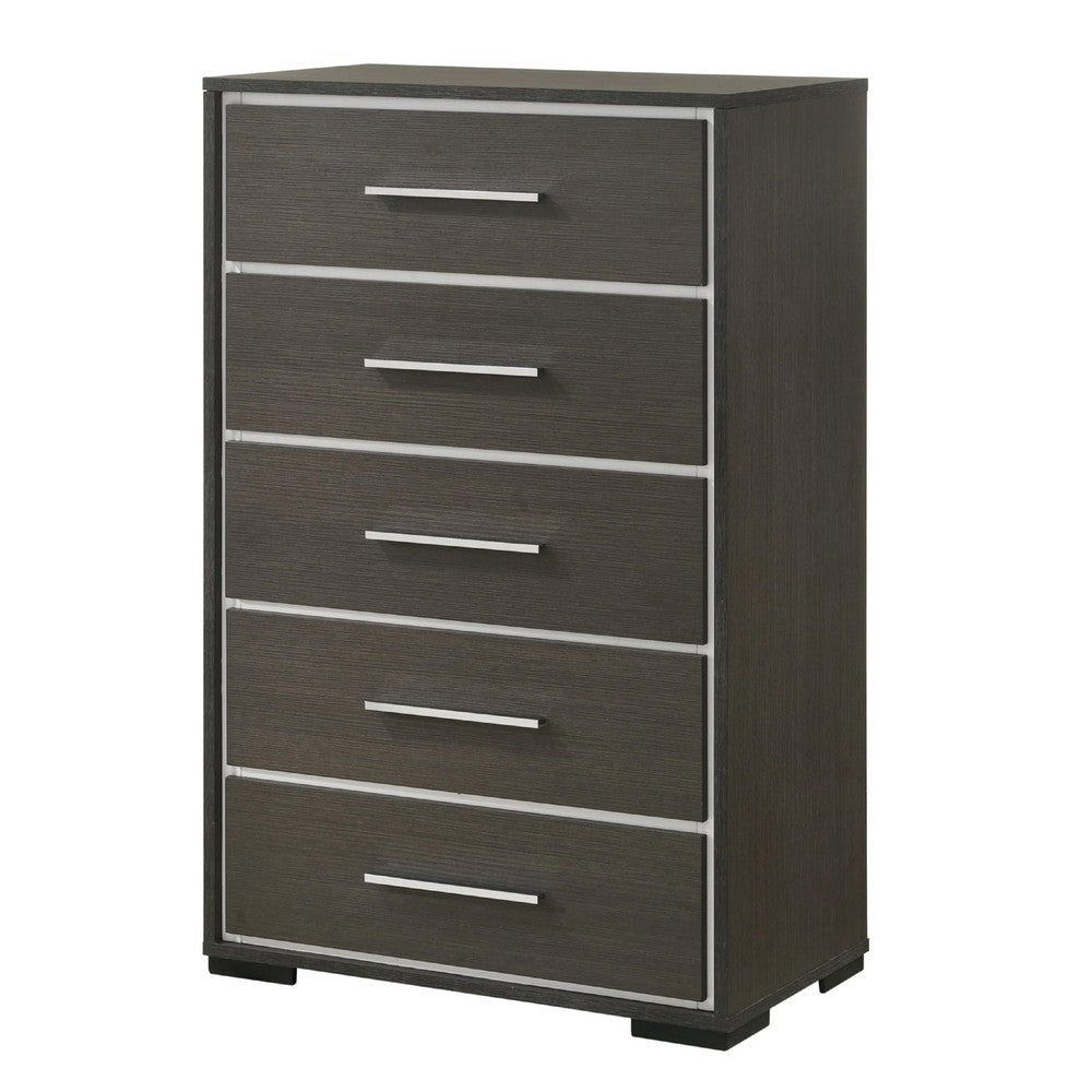 Hez Tall Dresser Chest | 5 Drawers | Silver Trim | Modern Dark Brown Finish BM338489