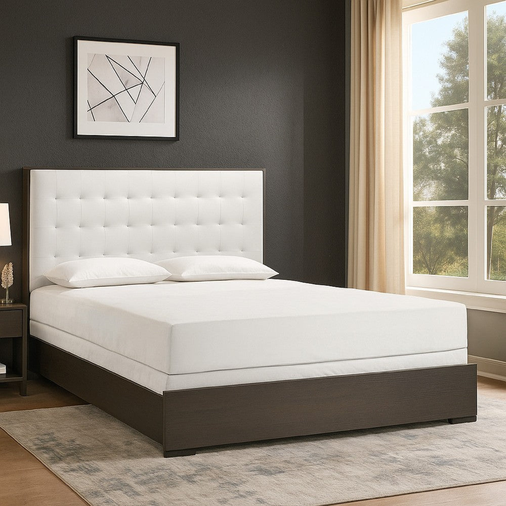Hez Full Size Bed | Cream White Tufted Headboard Upholstery | Dark Brown