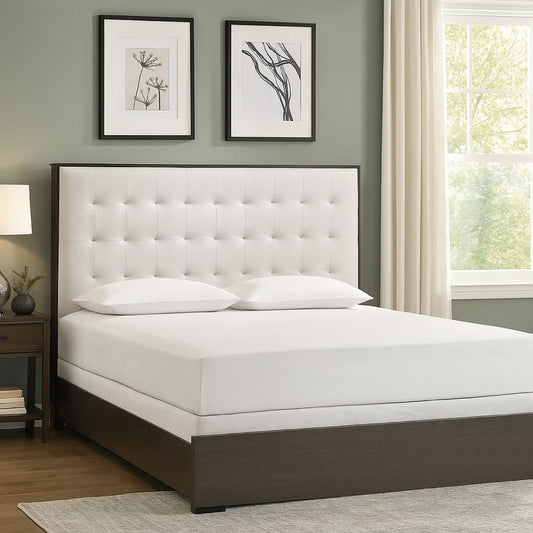 Hez King Size Bed | Tufted Cream White Headboard Upholstery | Dark Brown