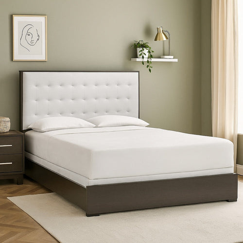 Hez Queen Size Bed | Tufted Cream White Headboard Upholstery | Dark Brown