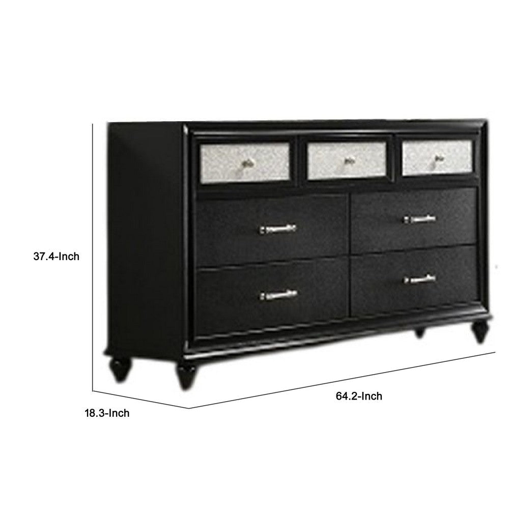 Lexi 2pc Dresser and Mirror Set | 7 Drawers | Silver Handles and Knobs | Black BM338494