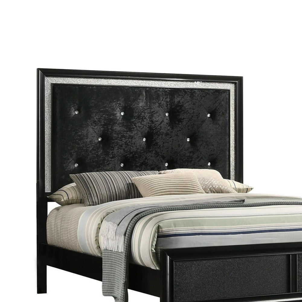 Lexi Full Size Bed w Crystal Tufted Upholstery | Silver Glitter Trim | Black BM338497
