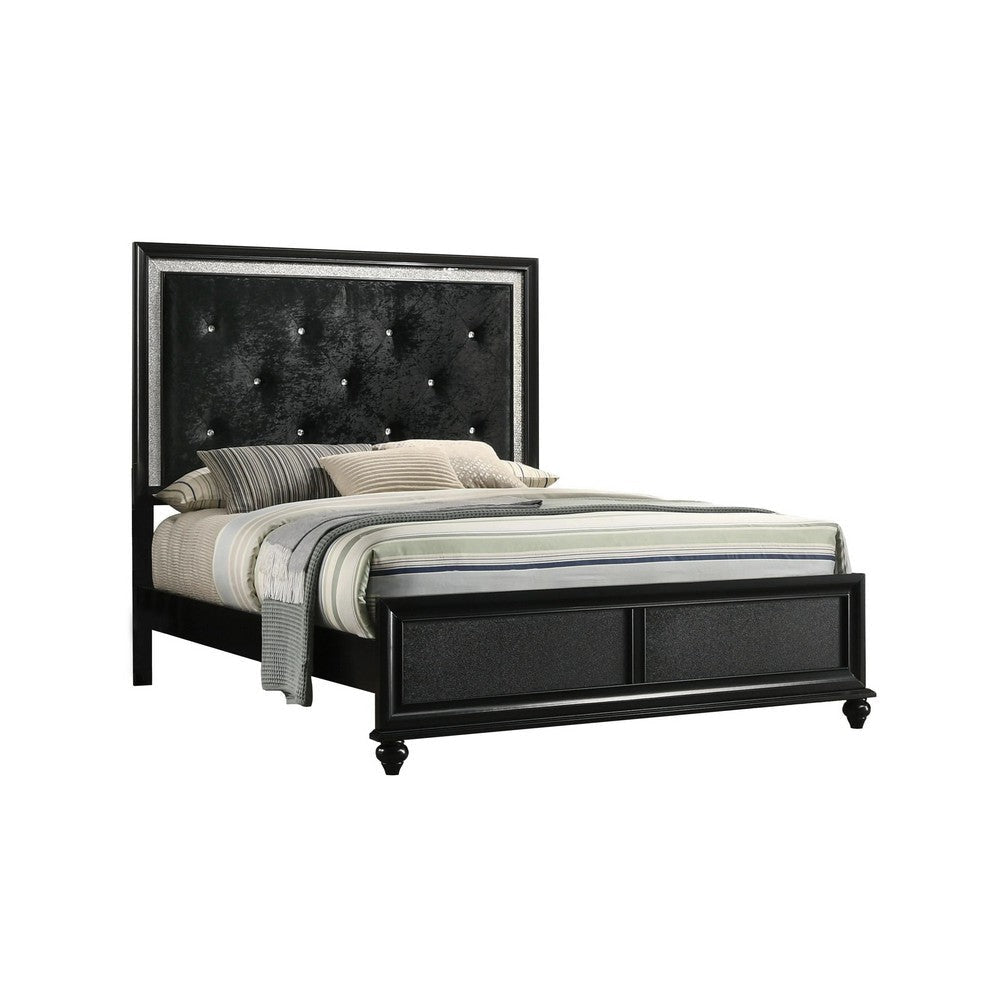 Lexi Full Size Bed w Crystal Tufted Upholstery | Silver Glitter Trim | Black BM338497