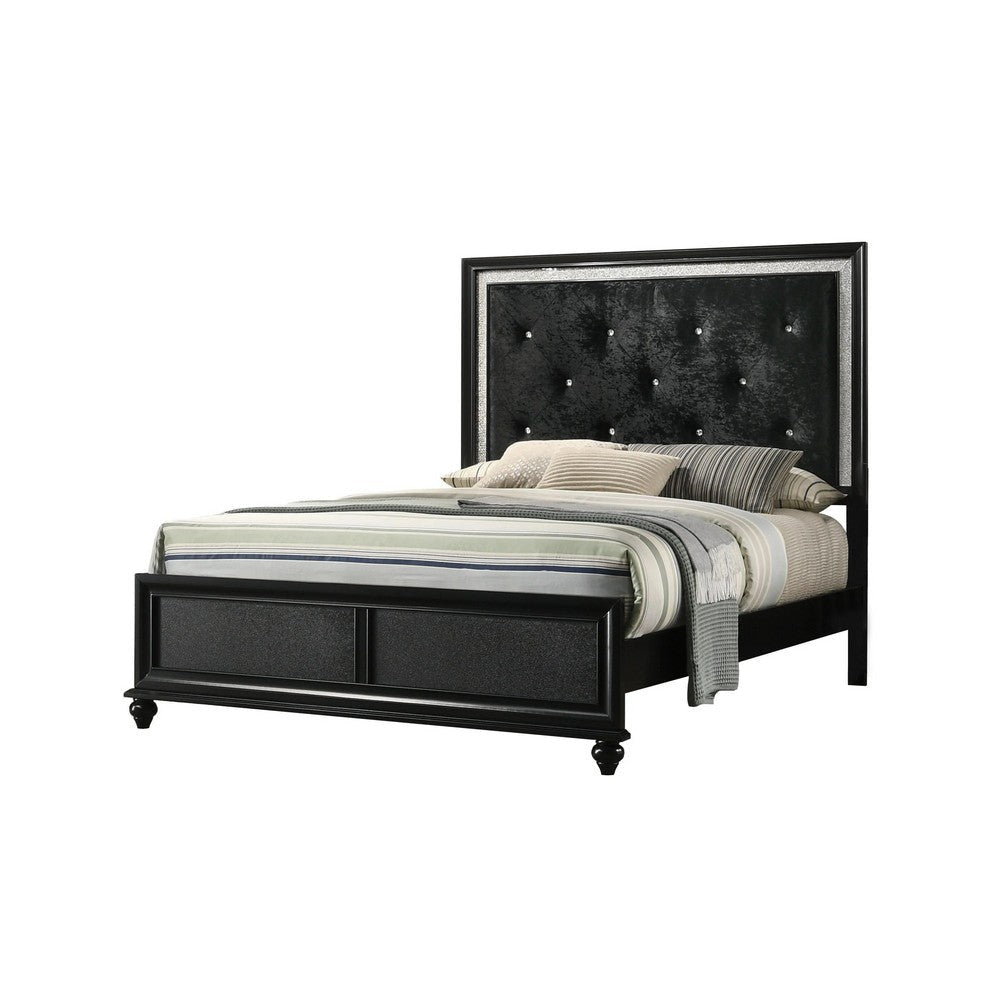 Lexi Queen Size Bed w Crystal Tufted Upholstery | Silver Glitter Trim | Black BM338499