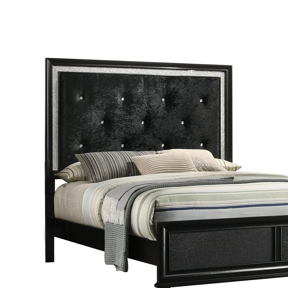 Lexi Queen Size Bed w Crystal Tufted Upholstery | Silver Glitter Trim | Black BM338499