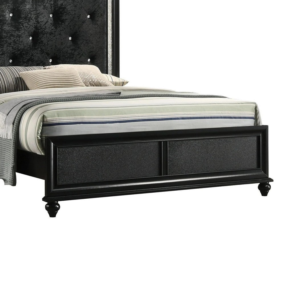 Lexi Queen Size Bed w Crystal Tufted Upholstery | Silver Glitter Trim | Black BM338499