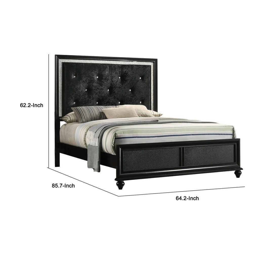 Lexi Queen Size Bed w Crystal Tufted Upholstery | Silver Glitter Trim | Black BM338499