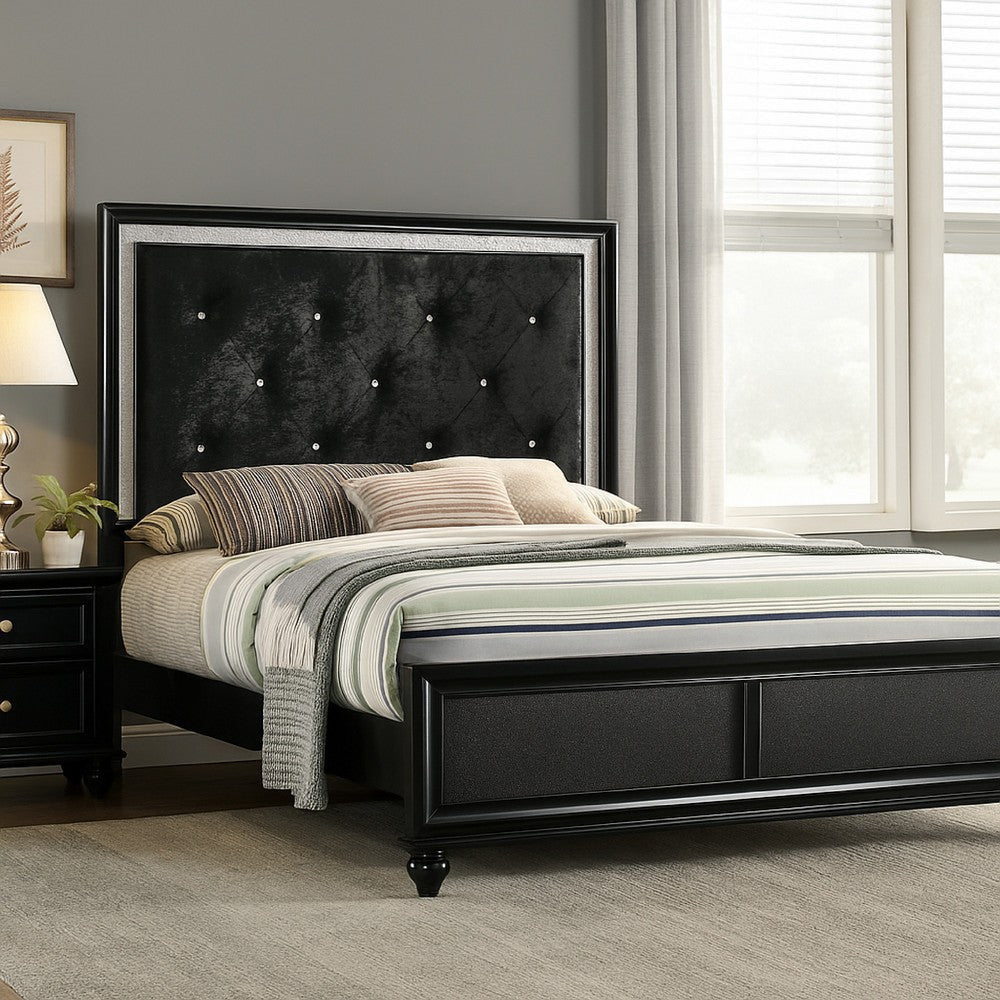 Lexi Queen Size Bed w Crystal Tufted Upholstery | Silver Glitter Trim | Black