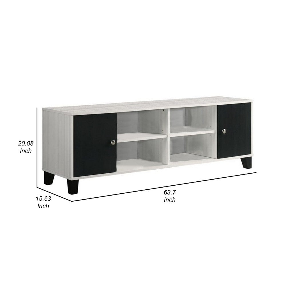 Akin TV Stand Media Center | 2 Doors w 4 Open Shelves | White | Black Wood BM338500