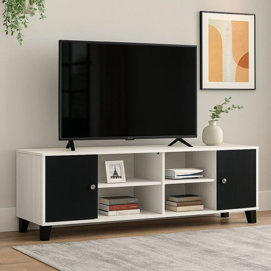 Akin TV Stand Media Center | 2 Doors w 4 Open Shelves | White | Black Wood
