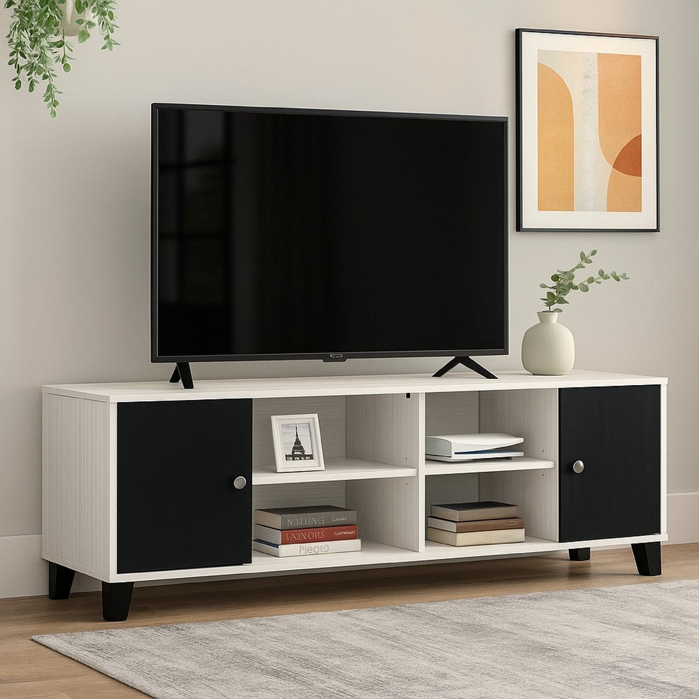 Akin TV Stand Media Center | 2 Doors w 4 Open Shelves | White | Black Wood