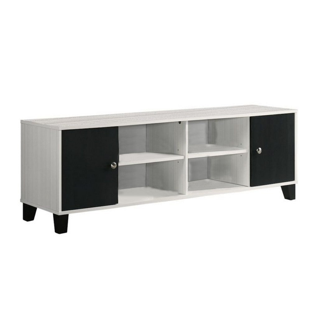 Akin TV Stand Media Center | 2 Doors w 4 Open Shelves | White | Black Wood BM338500