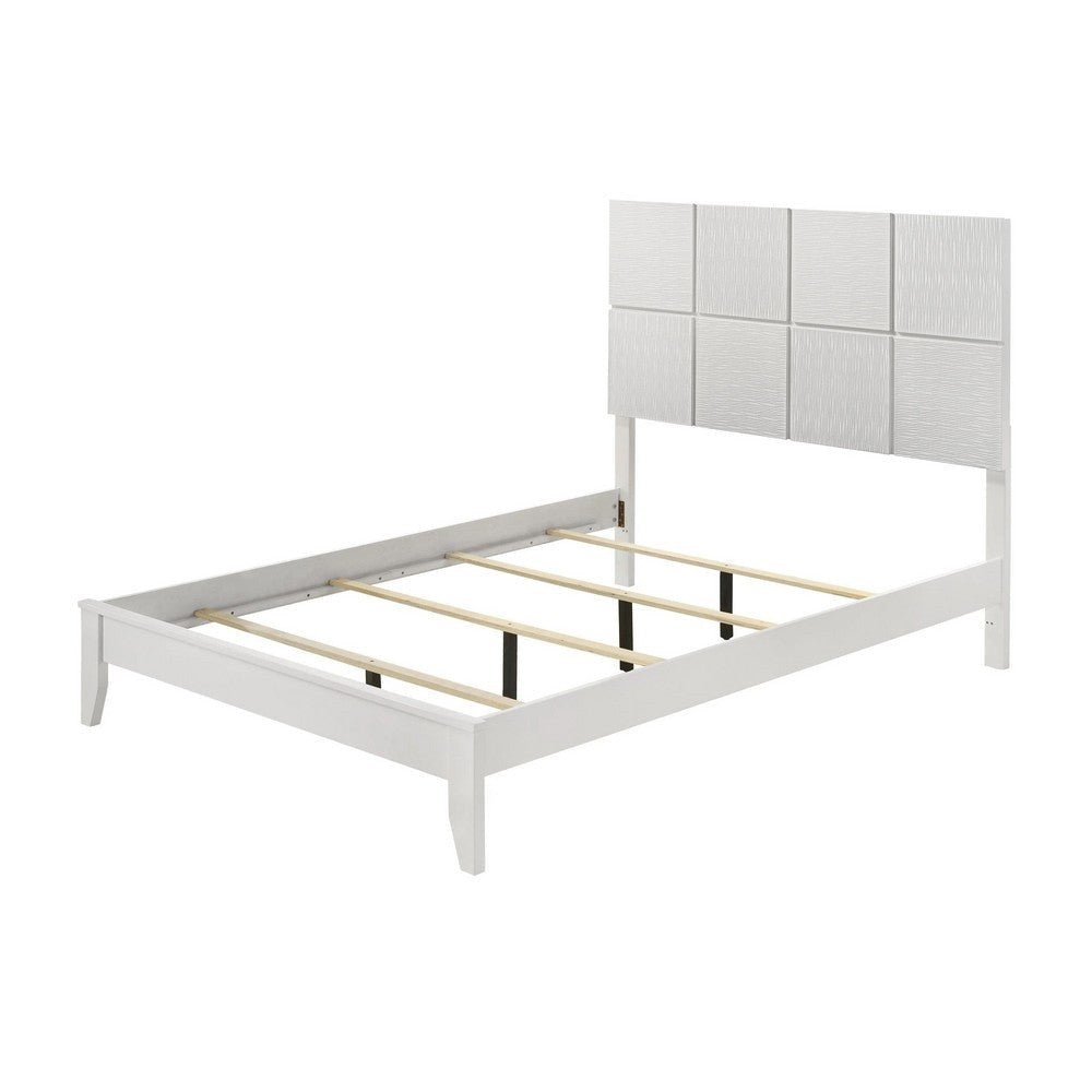 Deny King Size Bed w Grid Pattern Headboard | Tapered Front Legs | White BM338502