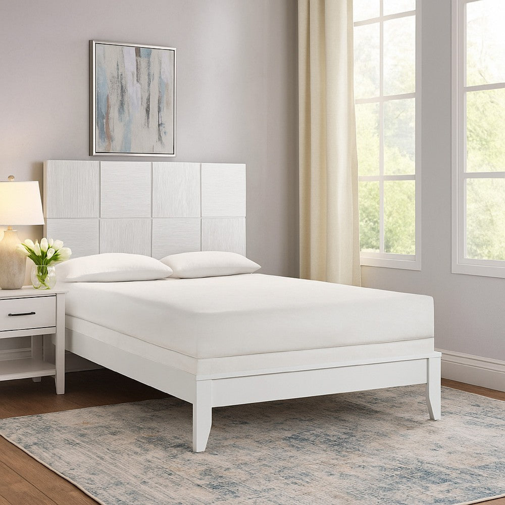 Deny King Size Bed w Grid Pattern Headboard | Tapered Front Legs | White