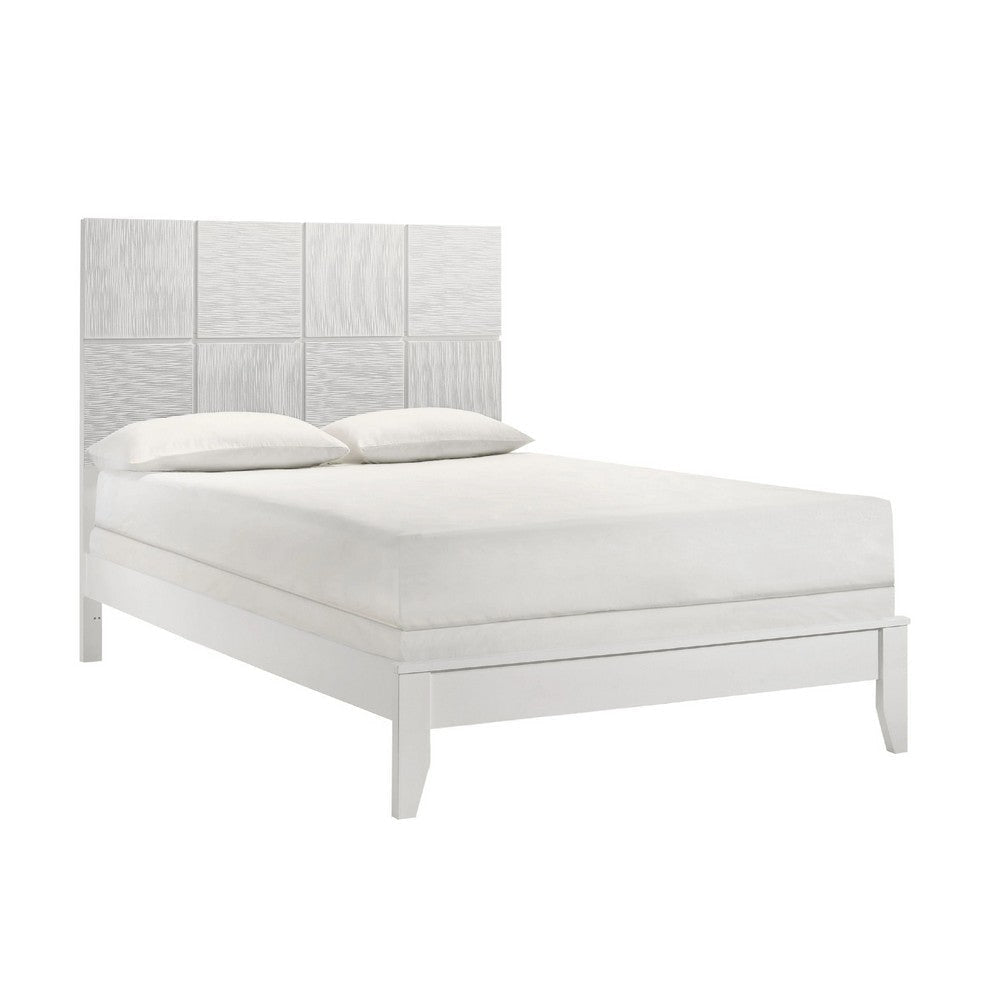 Deny King Size Bed w Grid Pattern Headboard | Tapered Front Legs | White BM338502