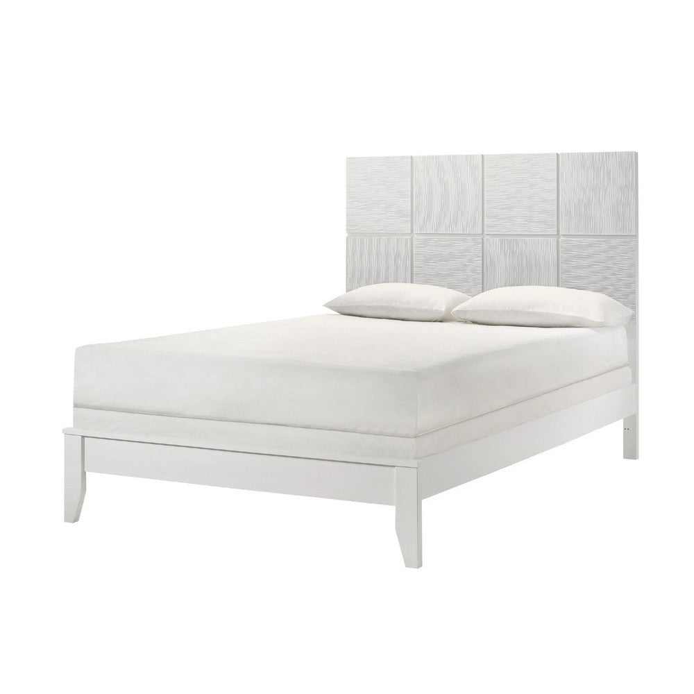 Deny Queen Size Bed w Grid Pattern Headboard | Tapered Front Legs | White BM338503