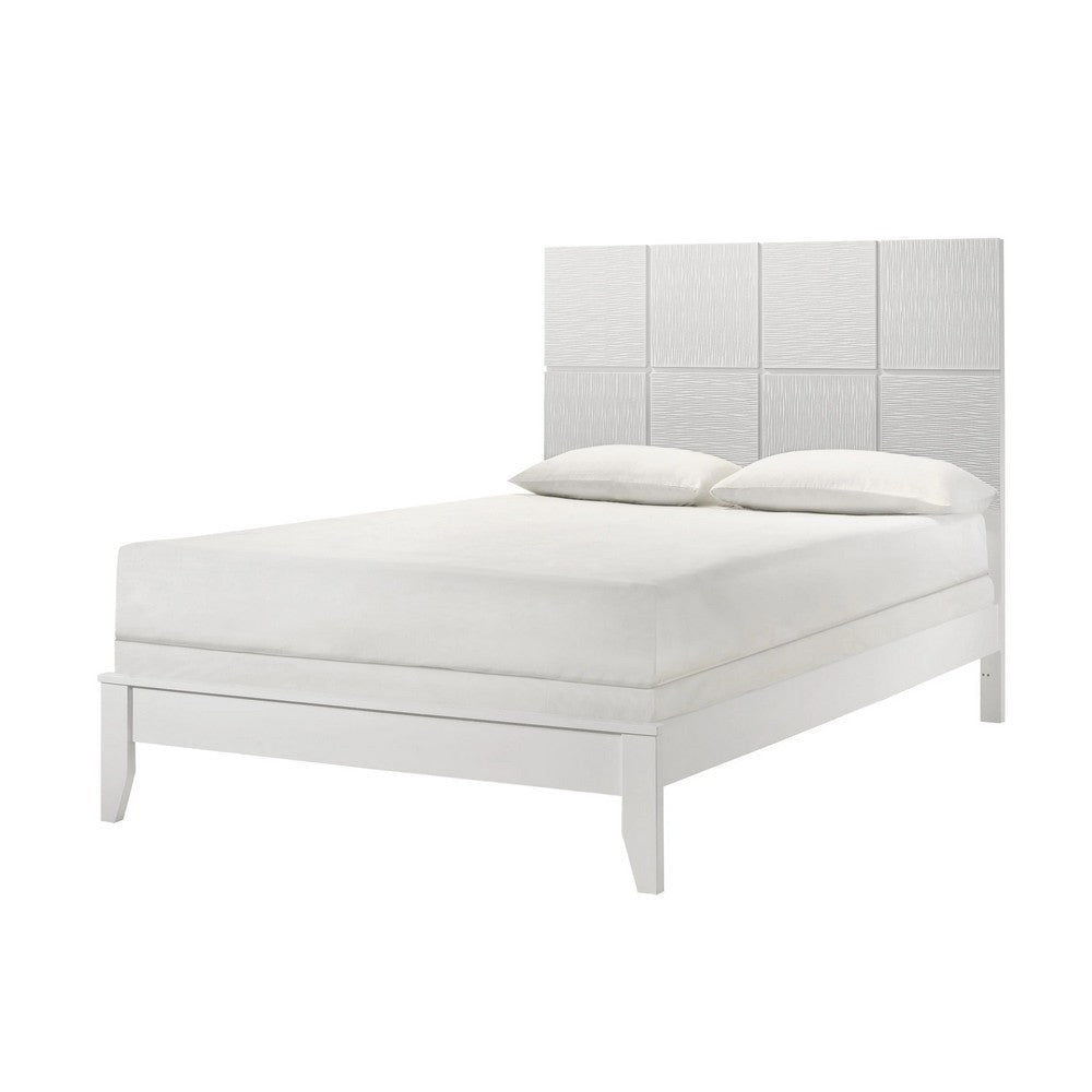 Deny Twin Size Bed w Grid Pattern Headboard | Tapered Front Legs | White BM338504