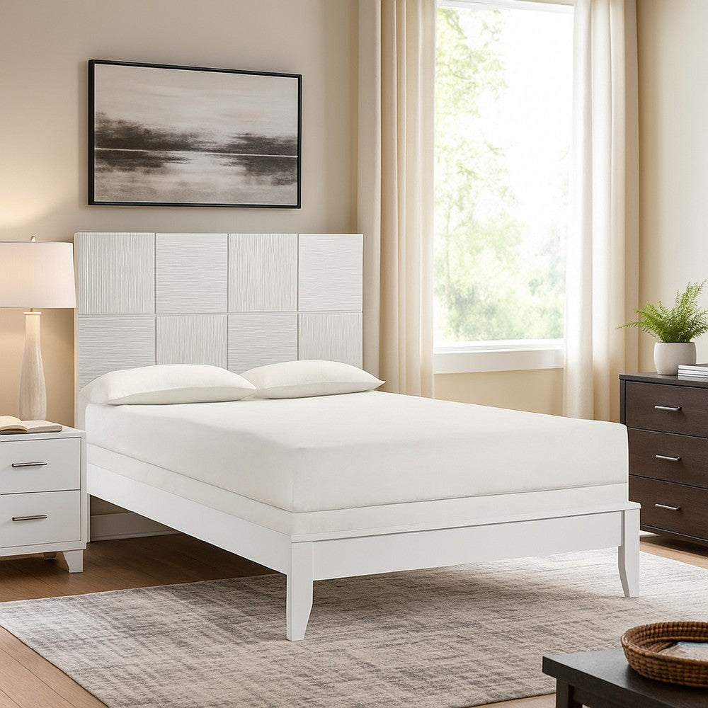 Deny Twin Size Bed w Grid Pattern Headboard | Tapered Front Legs | White