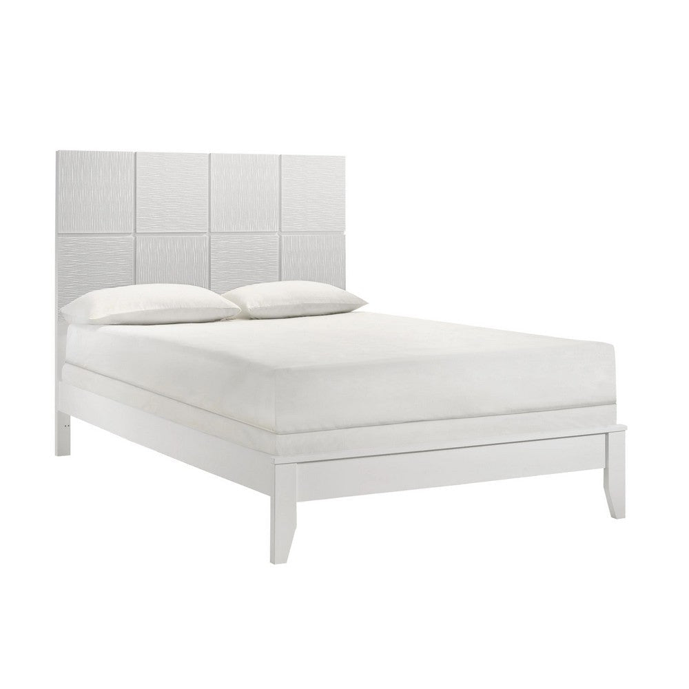 Deny Twin Size Bed w Grid Pattern Headboard | Tapered Front Legs | White BM338504