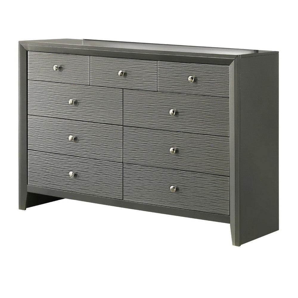 Deny 2pc Dresser and Mirror Set | 9 Drawers | Silver Knobs | Metallic Gray Wood BM338505