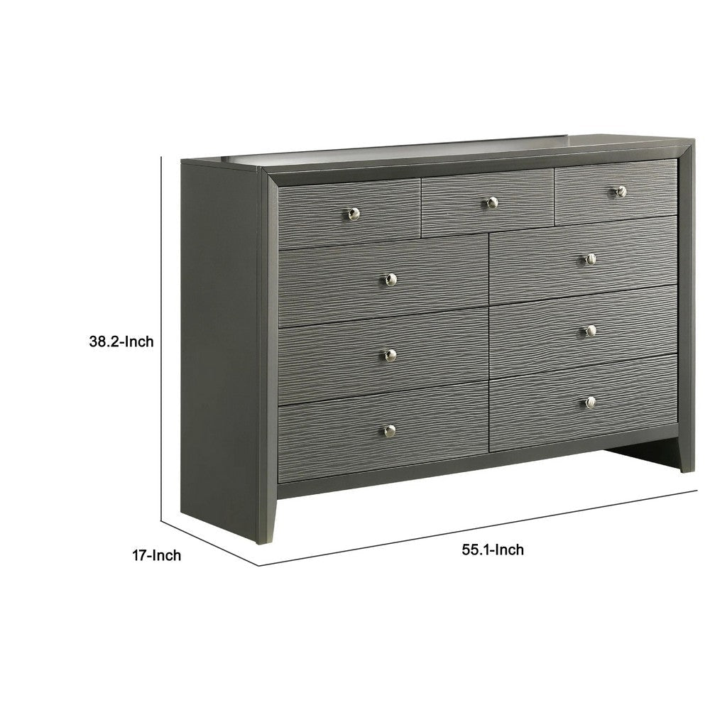 Deny 2pc Dresser and Mirror Set | 9 Drawers | Silver Knobs | Metallic Gray Wood BM338505