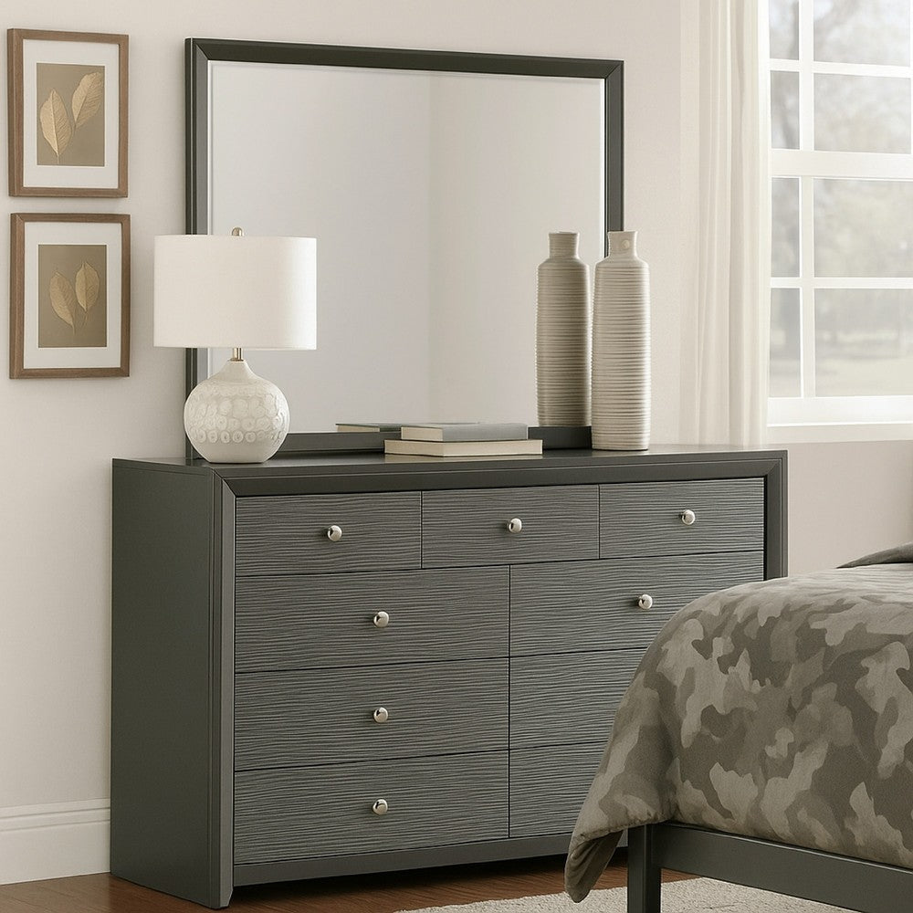 Deny 2pc Dresser and Mirror Set | 9 Drawers | Silver Knobs | Metallic Gray Wood