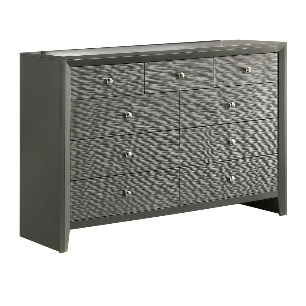 Deny 2pc Dresser and Mirror Set | 9 Drawers | Silver Knobs | Metallic Gray Wood BM338505