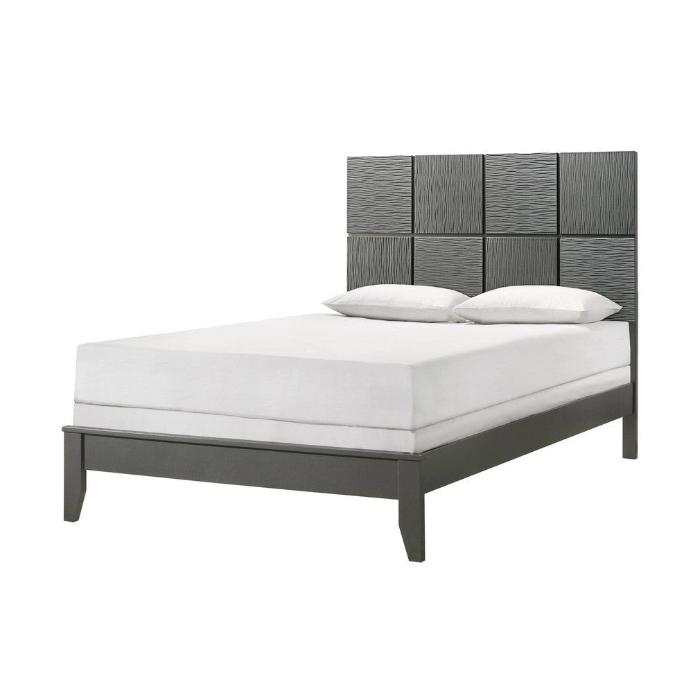 Deny Full Size Bed w Patterned Headboard | Tapered Front Legs | Metallic Gray BM338508