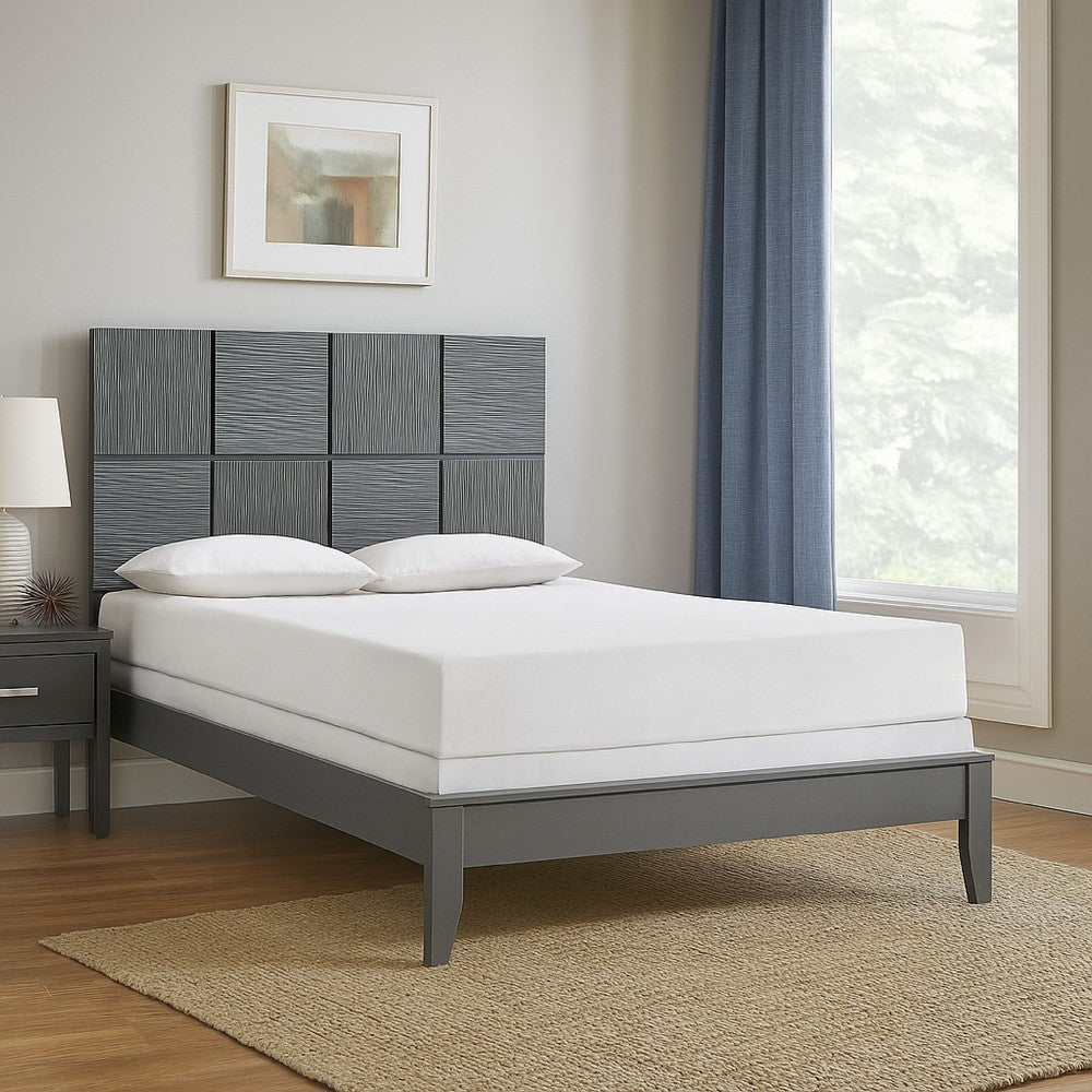 Deny Full Size Bed w Patterned Headboard | Tapered Front Legs | Metallic Gray
