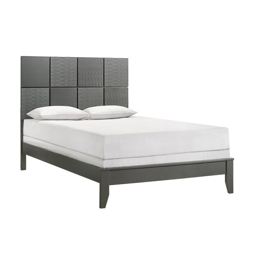 Deny Full Size Bed w Patterned Headboard | Tapered Front Legs | Metallic Gray BM338508