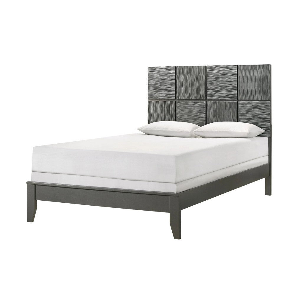 Deny King Size Bed w Patterned Headboard | Tapered Front Legs | Metallic Gray BM338509