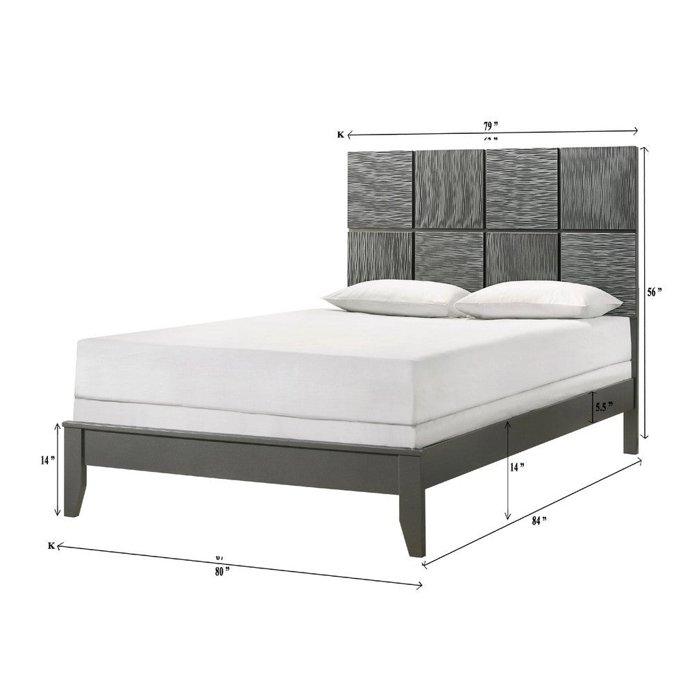 Deny King Size Bed w Patterned Headboard | Tapered Front Legs | Metallic Gray BM338509