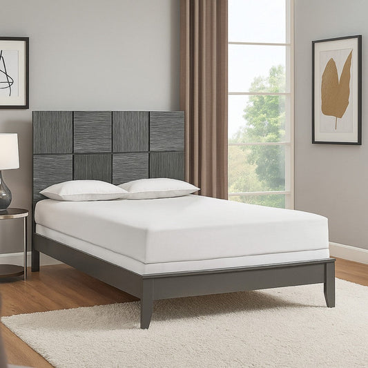 Deny King Size Bed w Patterned Headboard | Tapered Front Legs | Metallic Gray