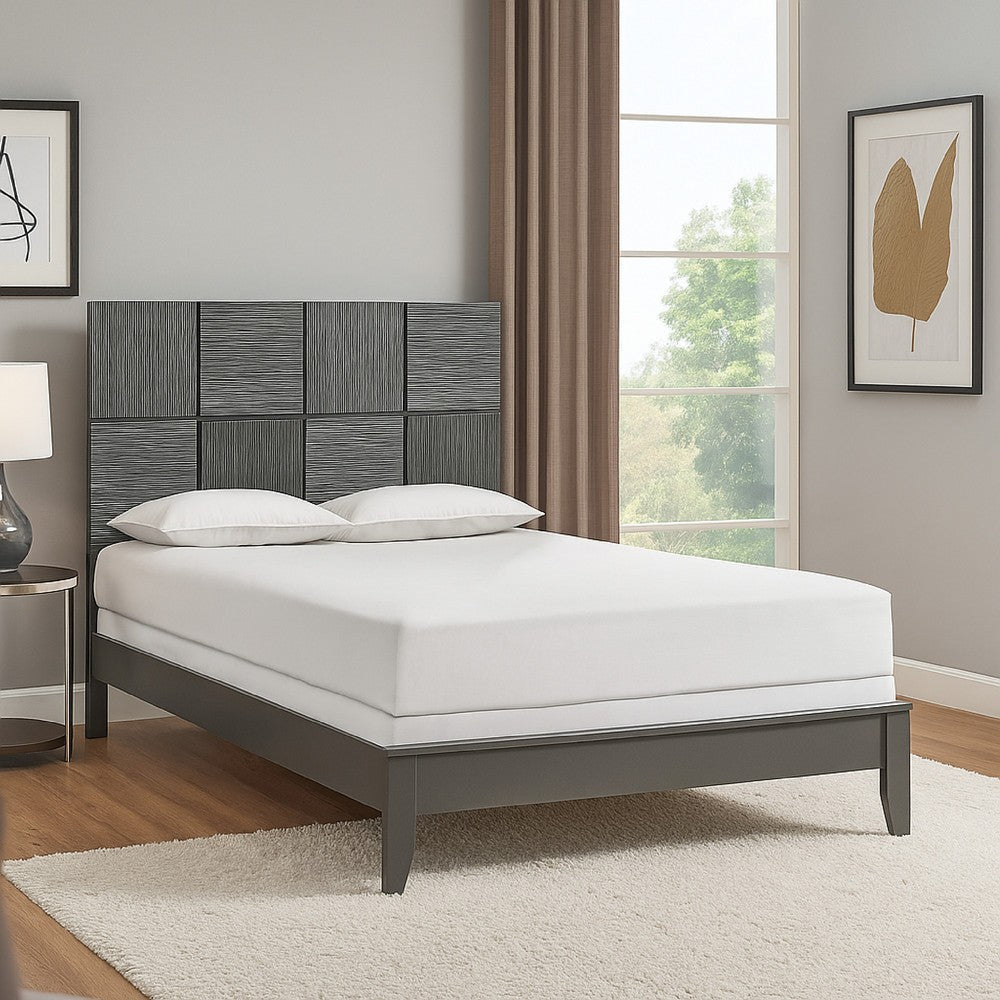 Deny King Size Bed w Patterned Headboard | Tapered Front Legs | Metallic Gray