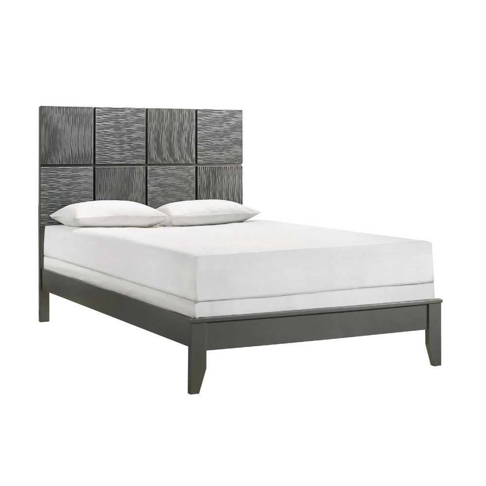 Deny King Size Bed w Patterned Headboard | Tapered Front Legs | Metallic Gray BM338509