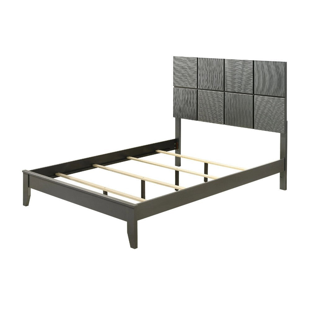 Deny Queen Size Bed w Pattern Headboard | Tapered Front Legs | Metallic Gray BM338510