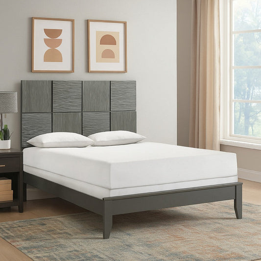 Deny Queen Size Bed w Pattern Headboard | Tapered Front Legs | Metallic Gray