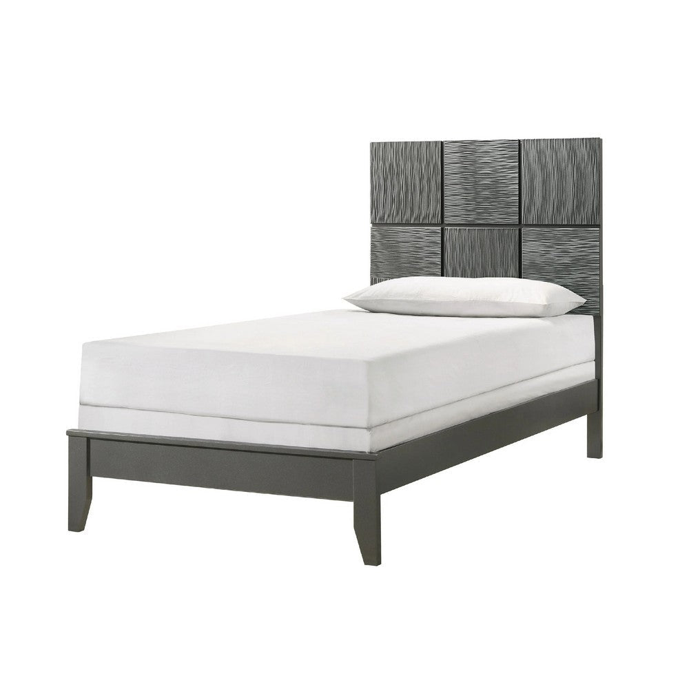 Deny Twin Size Bed w Patterned Headboard | Tapered Front Legs | Metallic Gray BM338511