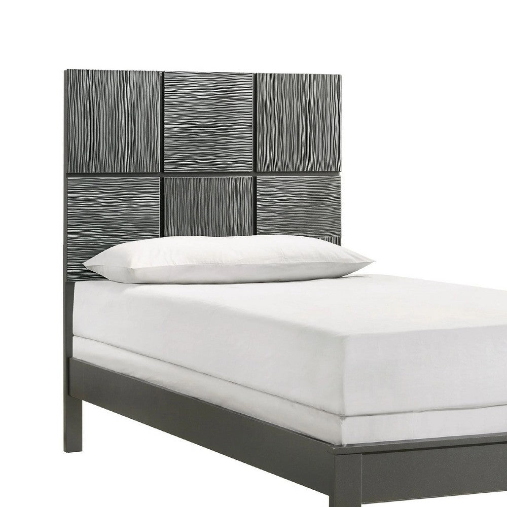 Deny Twin Size Bed w Patterned Headboard | Tapered Front Legs | Metallic Gray BM338511