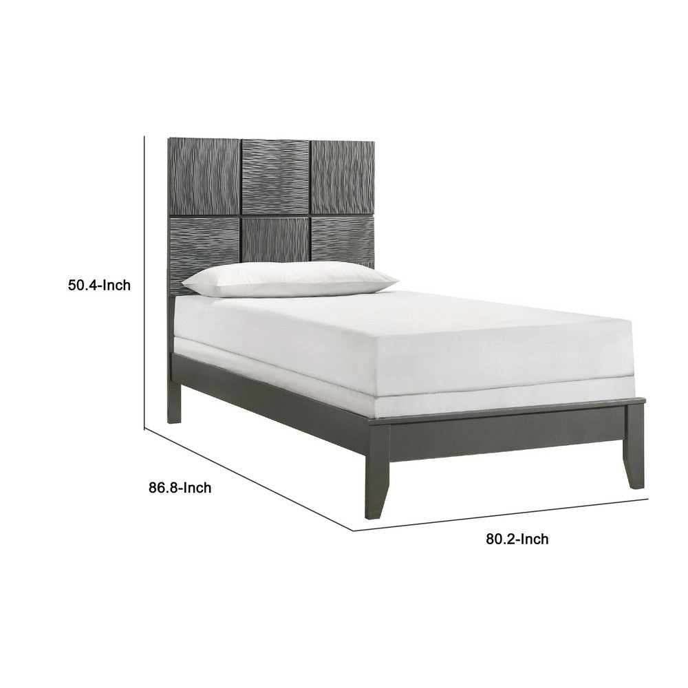 Deny Twin Size Bed w Patterned Headboard | Tapered Front Legs | Metallic Gray BM338511
