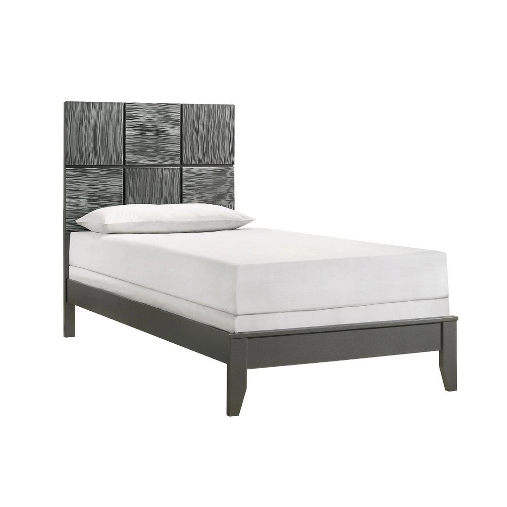 Deny Twin Size Bed w Patterned Headboard | Tapered Front Legs | Metallic Gray BM338511