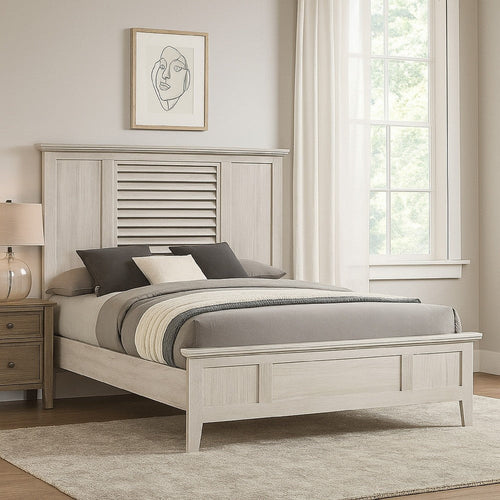 Sary King Size Bed w Tall Louvered Headboard | Tapered Front Legs | Off White