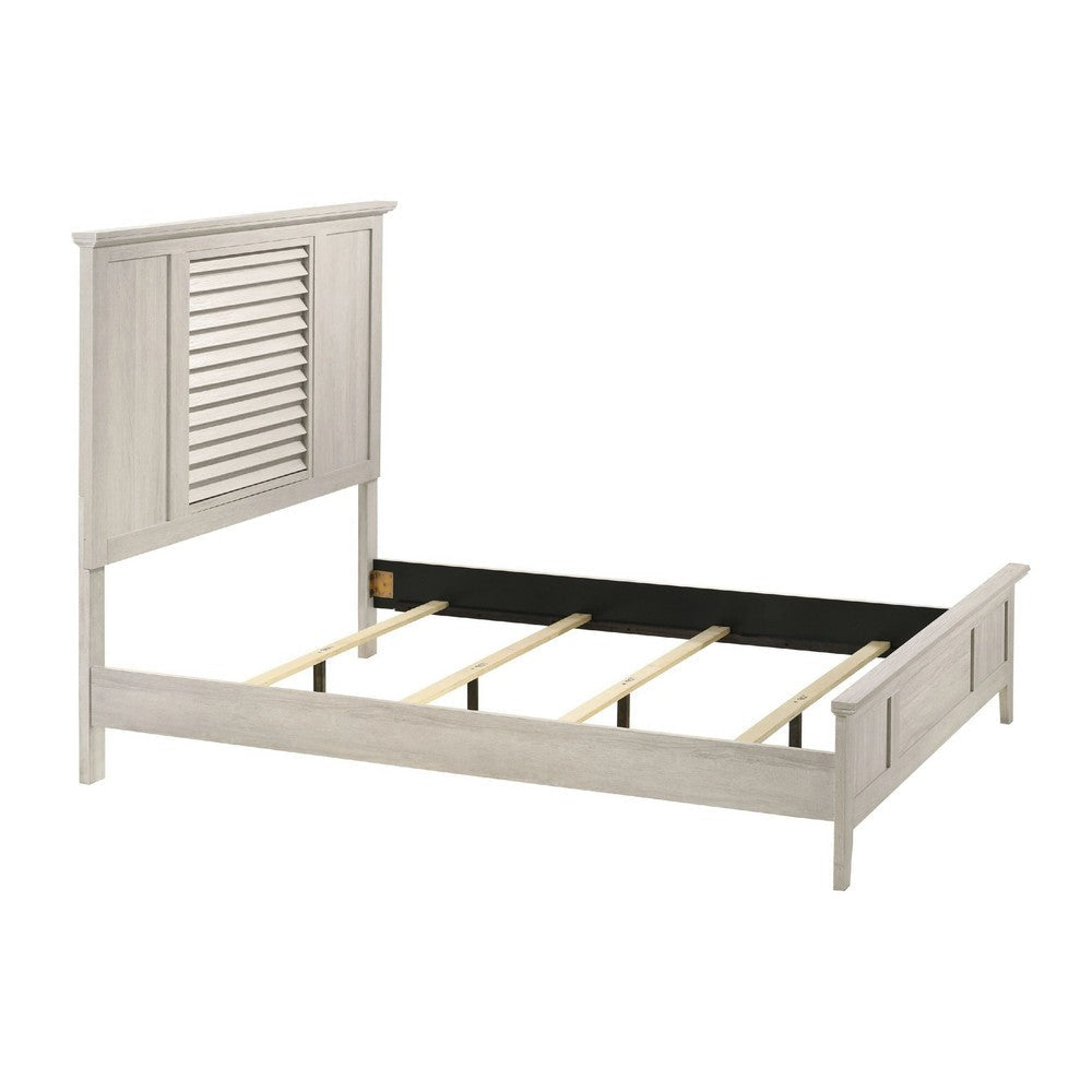 Sary Queen Size Bed w Tall Louvered Headboard | Tapered Front Legs | Off White BM338516