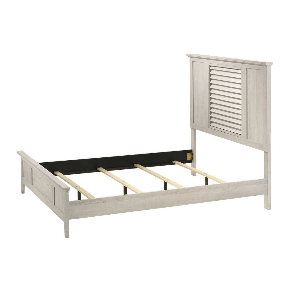 Sary Queen Size Bed w Tall Louvered Headboard | Tapered Front Legs | Off White BM338516