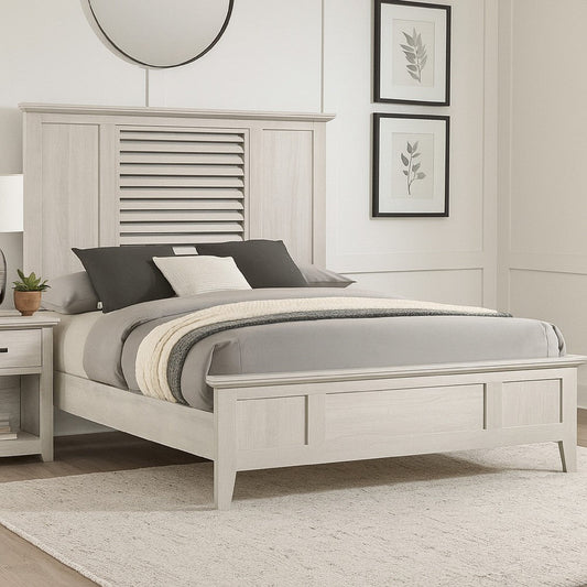 Sary Queen Size Bed w Tall Louvered Headboard | Tapered Front Legs | Off White