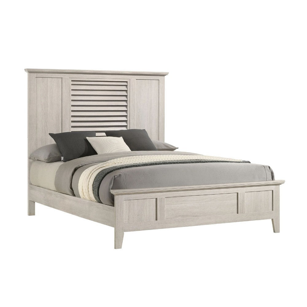 Sary Queen Size Bed w Tall Louvered Headboard | Tapered Front Legs | Off White BM338516